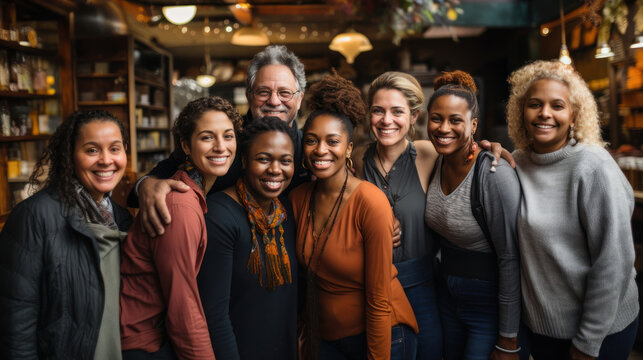 Varied ethnicities in the older generation. Portrait of smiling friends standing in a row at counter in pub. - Powered by Adobe