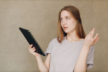 Portrait of young student actress learning role woman with digital tablet. Acting test casting film...