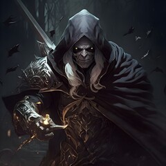 Fantasy art style full bodied battle pose male human white hair glowing silver eyes wearing a black highway man mask wearing a long flowing hooded Cloak with hood up avatar of death darkness and  - obrazy, fototapety, plakaty