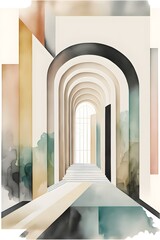 minimalistic water color art deco abstract architecture poster on white background muted colors 