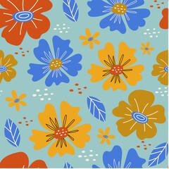 Fototapeta na wymiar Abstract seamless pattern with bright plants and flowers on a blue background. Creative floral design. Vector pattern for various surface. Blossom floral seamless print.