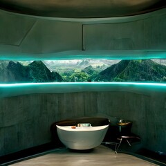 bathroom in a spaceship glam bathtub valley in the background futuristic style  - obrazy, fototapety, plakaty