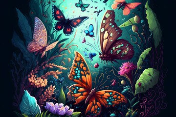 a set of various colourful butterflies and colorful bugs flying in a magic garden 