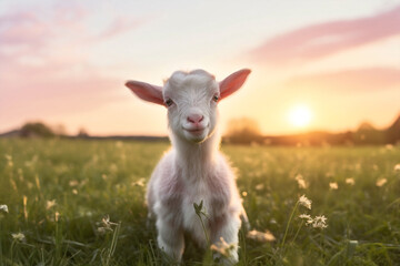 Obraz premium Grass rural goat farming sunset animals