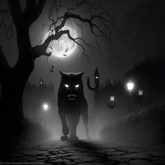 A scary angry black cat with big evil eyes running towards the camera with open mouth a foggy night spooky a big tree tombs and a cemetery around shadows of assassins passing action shot greyscale 