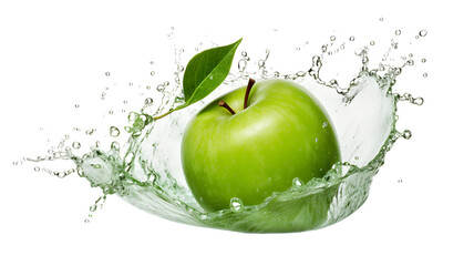 green apple with splash on clear PNG background . generated by AI