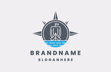 compass with sailing boat vector logo design template