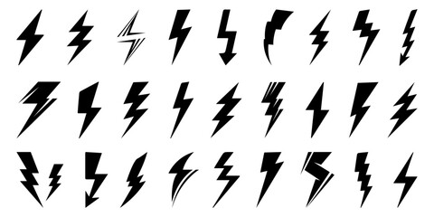 Lightning icons. Set of bolt icons. Charging, energy, storm, power, shock symbols. Black lightning icon collection