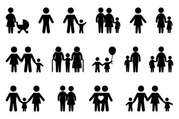 Family icons in black. Parents with children icons. Set of family symbols