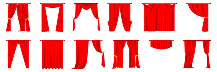 Red curtains element in a flat design. Set of of luxury red silk curtains. Theater fabric silk decoration for movie cinema - obrazy, fototapety, plakaty