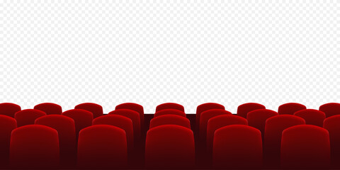 Cinema seats with empty screen. Rows of red cinema or theater seats. Empty movie theater auditorium with red seats - obrazy, fototapety, plakaty