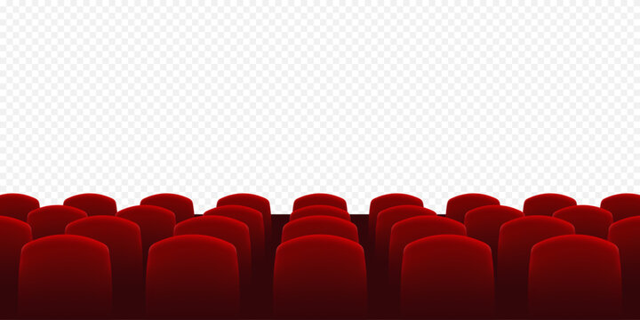 Cinema seats with empty screen. Rows of red cinema or theater seats. Empty movie theater auditorium with red seats