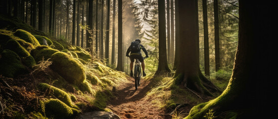 Mountain biker riding on bike in spring inspirational forest landscape. Man cycling MTB on enduro trail track. Sport fitness motivation and inspiration