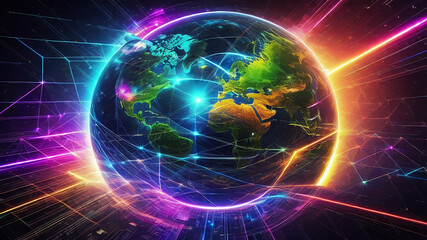Fototapeta premium Metaverse digital world cyber space background, neon colorful global world in cyber space, future energy power technology and internet connection concept