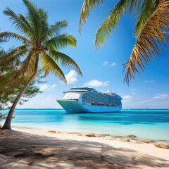 Cruise Ship by Tropical Beach. Paradise Travel Destination Concept