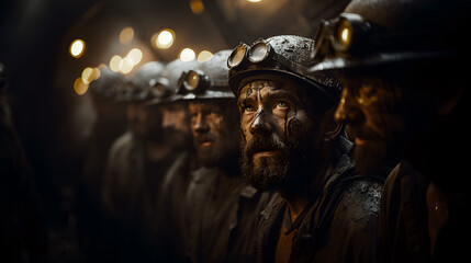 Obraz premium Hard working miners, dirty and sweaty from their grueling day's work, stand together in the dimly lit tunnel, their expressions serious and reflective of the challenges faced deep underground