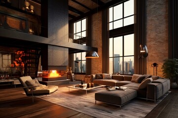 Modern loft living room with fireplace. Generative AI