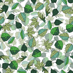 Hand drawn vector seamless floral pattern with green leaves