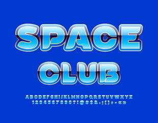 Vector glossy Emblem Space Club. Blue and Golden elite Font. Modern Alphabet Letters and Numbers