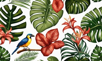 Tropical exotic seamless pattern with birds, monstera, hibiscuc, bromeliad, banana leaves, palm, colocasia. Hand-drawn 3D illustration. Good for production wallpapers, cloth and fabric, Generative AI