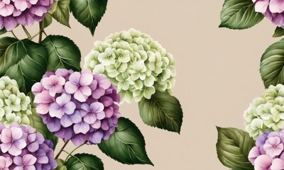 Luxury wallpaper, floral background, seamless pattern. Delicate romantic flowers, hydrangea, pink, beige, purple, white gypsophila, green leaves. Watercolor 3d illustration, texture. Generative AI