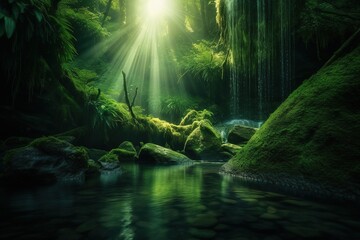 Beautiful crystal greenery green moss waterfall mountain nice sunshine light falling reflection forest harmony nature emerald paradise landscape wallpaper. - obrazy, fototapety, plakaty