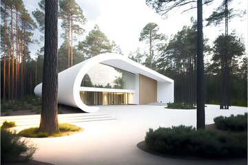 brightly lit exterior shot large white marble building with gravel driveway made from natural materials in pine forest clearing long focal length wide shot simple clean lines high tech organic 
