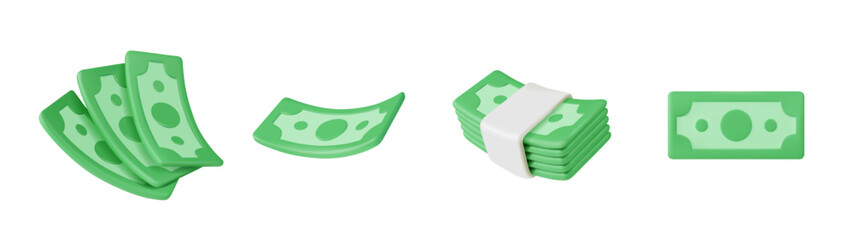 3D money icons in cartoon style. Set of vector illustrations of dollar banknotes  © Maliwan