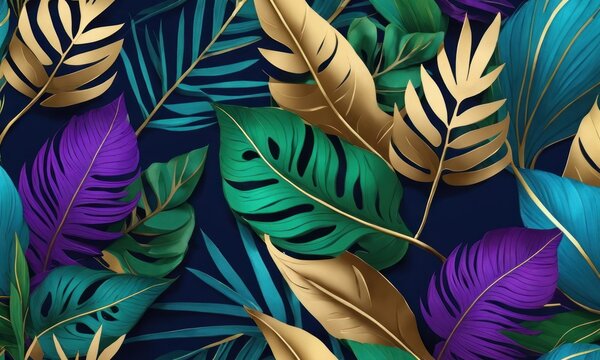 Tropical colourful leaves in blue, green, gold, purple. Hand-painted 3d illustration. Floral seamless pattern, premium texture, abstract background. Luxury mural art, exotic wallpaper, Generative AI