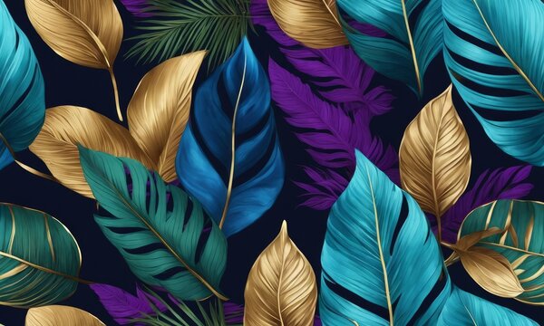 Tropical colourful leaves in blue, green, gold, purple. Hand-painted 3d illustration. Floral seamless pattern, premium texture, abstract background. Luxury mural art, exotic wallpaper, Generative AI