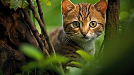 Naklejka na ściany i meble Rusty-spotted cat stalking her prey in Ceylon nature with one front paw raised. Small cat from wild Sri lanka keeps looking with his front paw lifted off the ground
