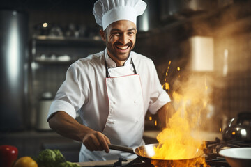 Happy man food dining home profession chef uniform professional cook male kitchen cuisine restaurant - obrazy, fototapety, plakaty