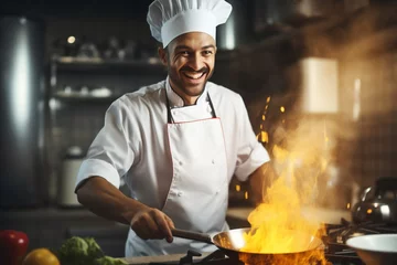 Foto op Plexiglas Happy man food dining home profession chef uniform professional cook male kitchen cuisine restaurant © VICHIZH