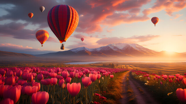 Beautiful landscape with hot air balloons	
