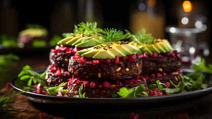 On a wooden table, there are delicious, appetizing, and healthy vegan burgers made with beetroot and quinoa, accompanied by avocado sauce. healthy food