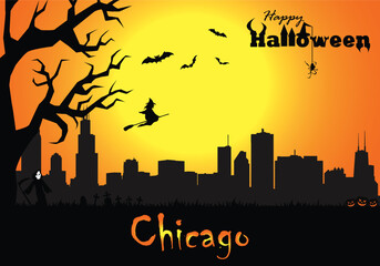 Scary Halloween greeting card with panorama of Chicago at sunset