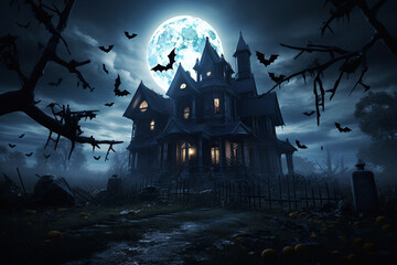 Fototapeta na wymiar A scary home with bats flying about beneath a full moon, Halloween Background created with generative ai