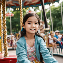 A beautiful girl who is laughing while on a marry go round