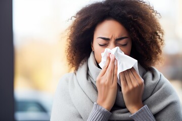Young black woman with flu or allergy with running nose - obrazy, fototapety, plakaty