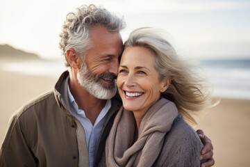 Obraz premium Joyful middle aged couple of man and woman hugging on the beach