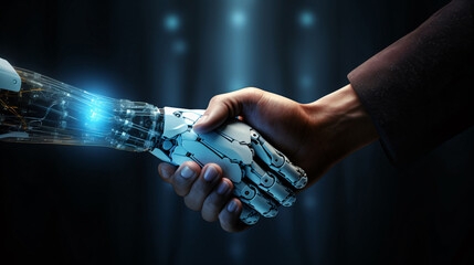 Digital robot handshake human background futuristic digital age robot science digital technology  - obrazy, fototapety, plakaty