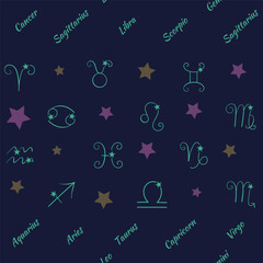 Vector colorful seamless pattern with zodiac signs and stars. Astronomical background.