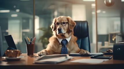 Fototapety  Family dog is working in office. Pet in corporate business environment. Dressed in suit and tie working with paperwork. Funny humor as animal sits behind boss desk. Pet friendly office.
