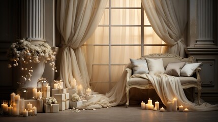Generative AI, Luxury beige interior with Christmas golden and white decoration