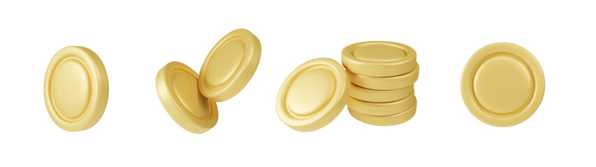 3D money icons in cartoon style. Set of vector color illustrations of gold coins