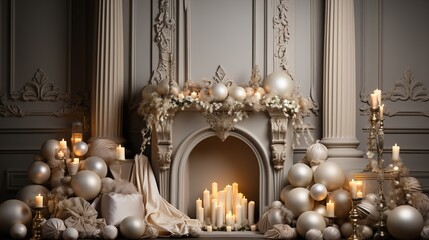 Generative AI, Luxury beige interior with Christmas golden and white decoration
