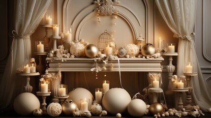 Fototapeta premium Generative AI, Luxury beige interior with Christmas golden and white decoration