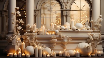 Fototapeta premium Generative AI, Luxury beige interior with Christmas golden and white decoration