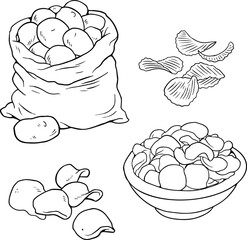chips, whole root potatoes for farm market and shop, illustration, line vector set