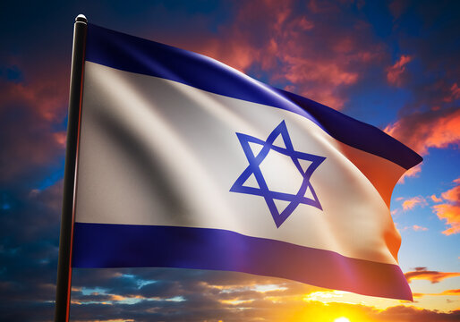 Flag of Israel at sunset. Political banner. State symbol of Israel in clouds. Flag sways in wind. Concept of political relations with Israel. Tel Aviv, Jerusalem. Realistic style. 3d image